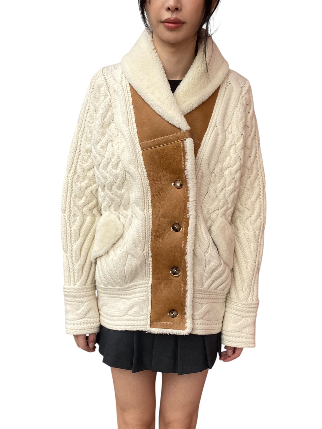 Ermanno Scervino Beige Cable Knit Shearling Jacket -  S/ M