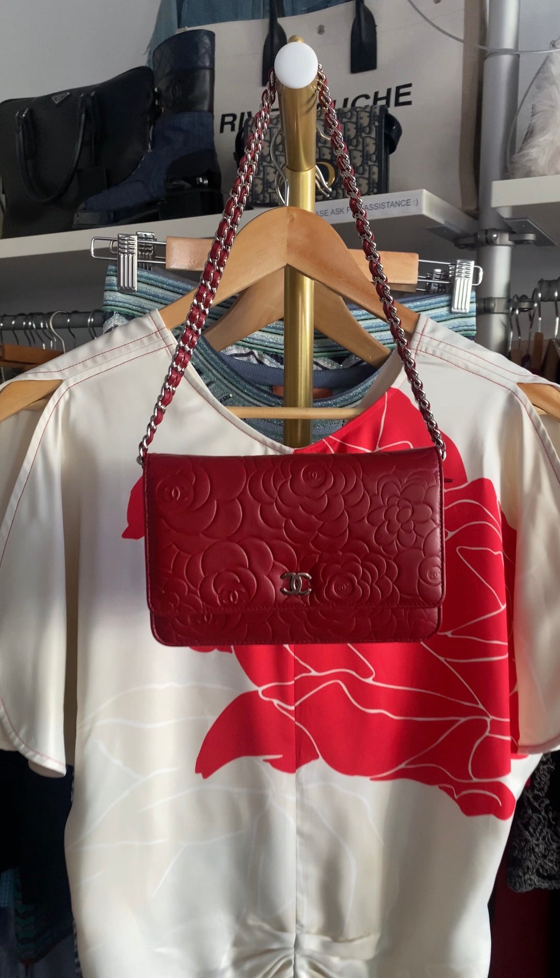 Chanel Red Embossed Leather Camelia Wallet on Chain WOC SHW