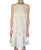 Brunello Cucinelli Ivory Monili Neck Satin Ruffle Dress - XL