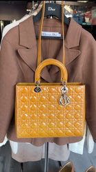 Christian Dior Vintage Large Mustard Patent Cannage Lady Dior SHW