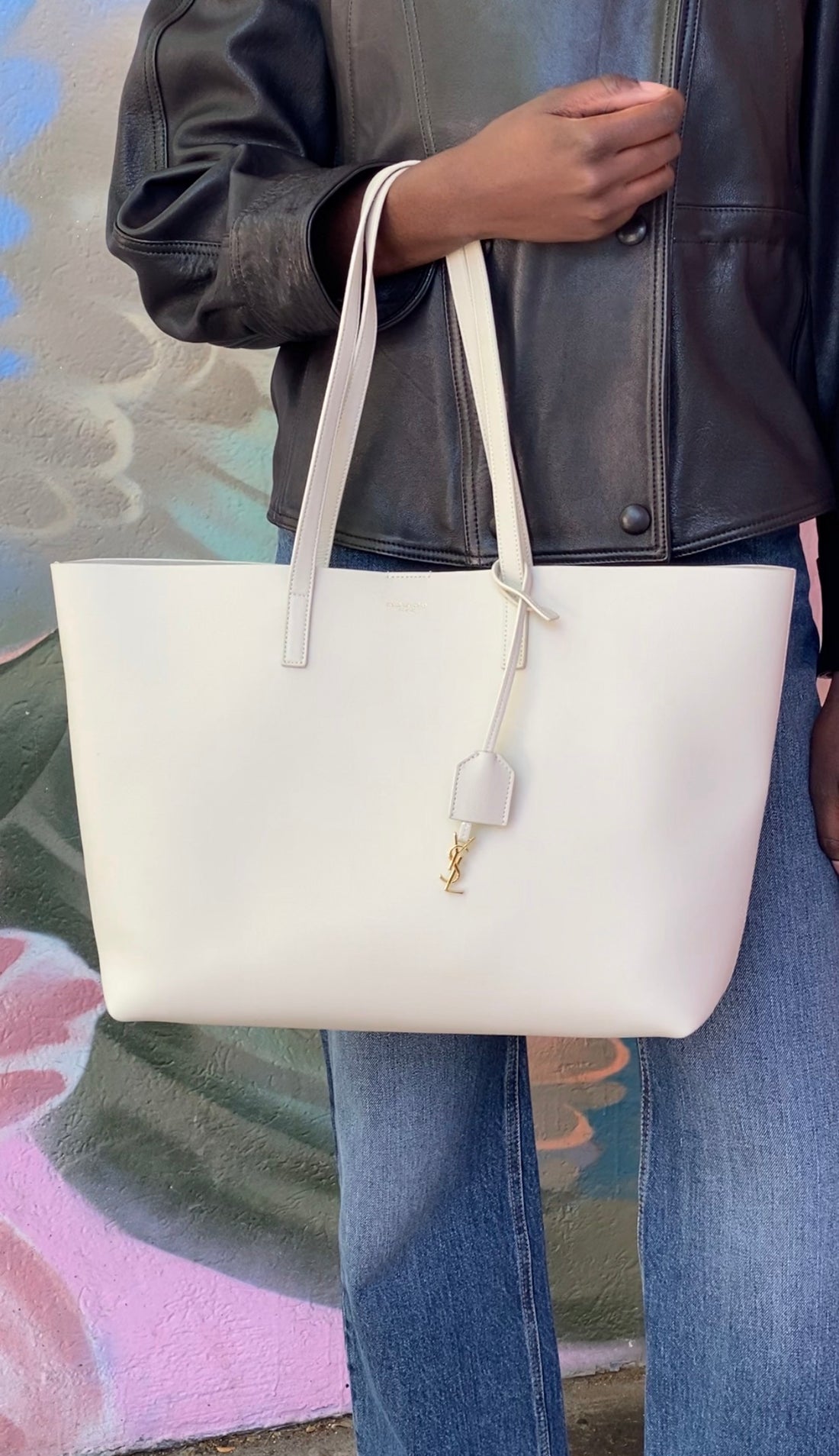 Saint Laurent Ecru Leather YSL East/West Shopping Tote