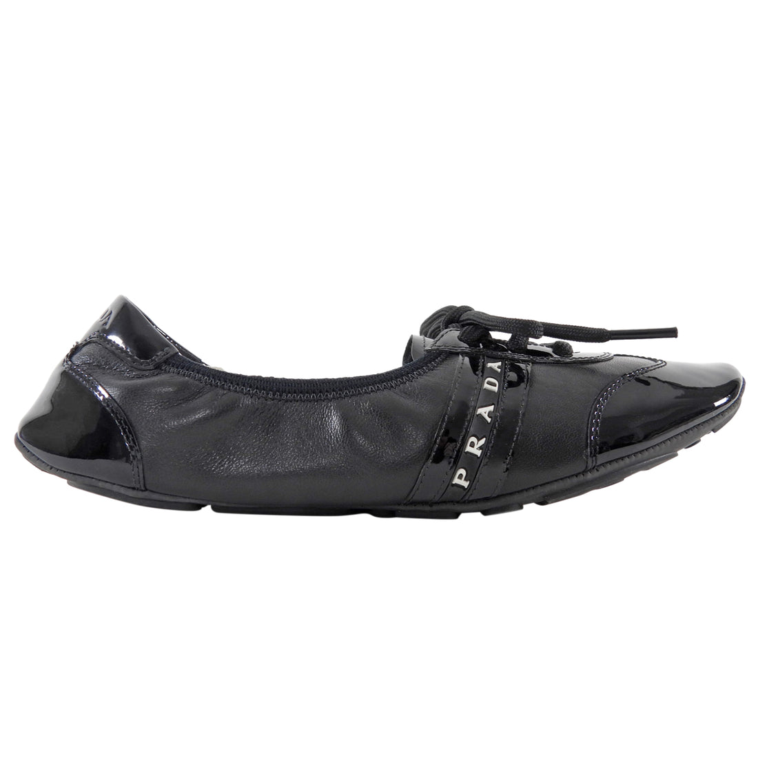 Prada Linea Rossa Black Vintage Patent Calfskin Leather Lace-Up Ballet Flats - 37.5