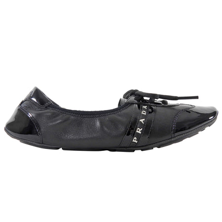 Prada Linea Rossa Black Vintage Patent Calfskin Leather Lace-Up Ballet Flats - 37.5