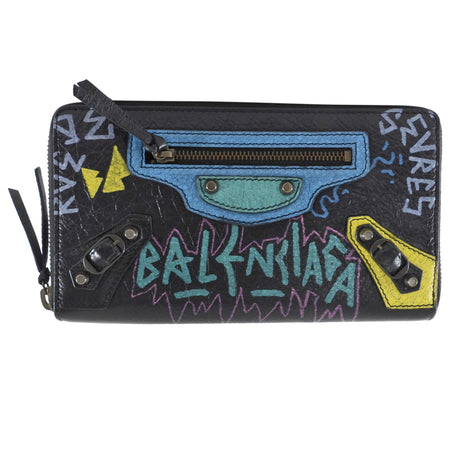 Balenciaga Black Multicolor Graffiti Print Classic Moto City Long Wallet