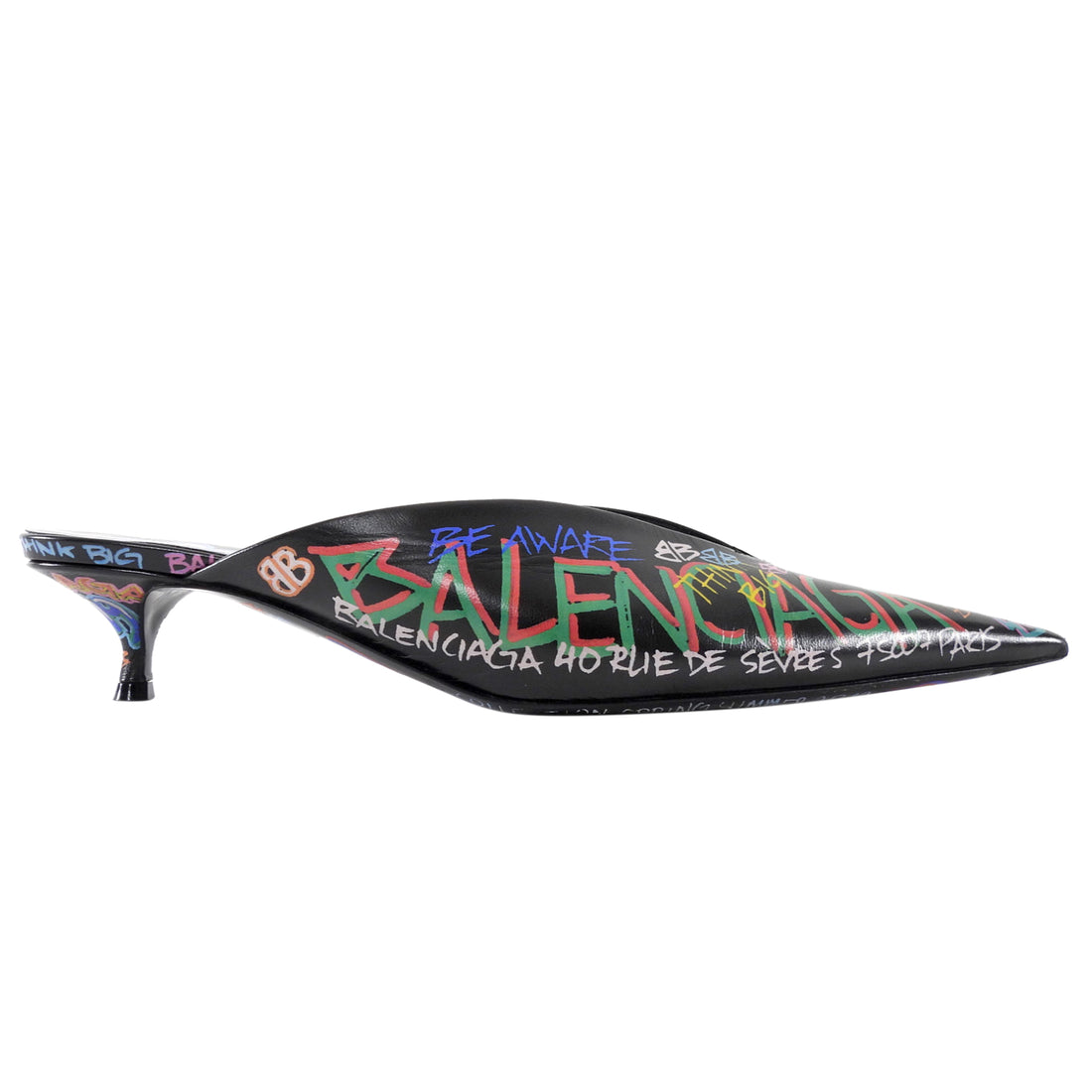 Balenciaga Multicolor Graffiti Print Leather Kitten Heel Mules - 39