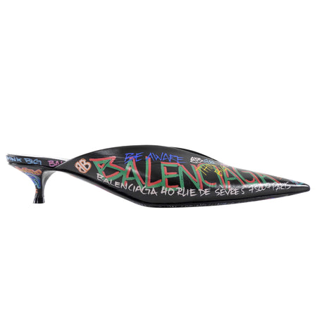 Balenciaga Multicolor Graffiti Print Leather Kitten Heel Mules - 39