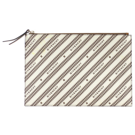 Givenchy Beige Brown Logo Stripe Bonded Canvas Medium Pouch Medium