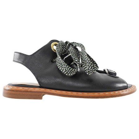 Fendi Black Leather Logo Lace Up Flat Sandals - 35