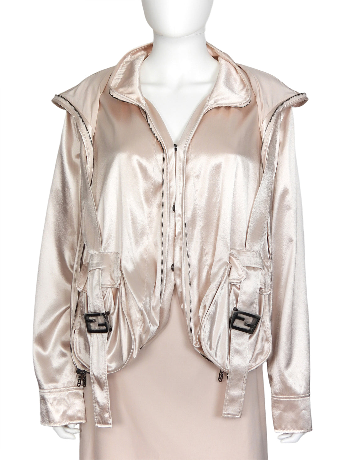 Fendi Blush Satin Viscose FF Buckle Cargo Pocket Zip Jacket - 40