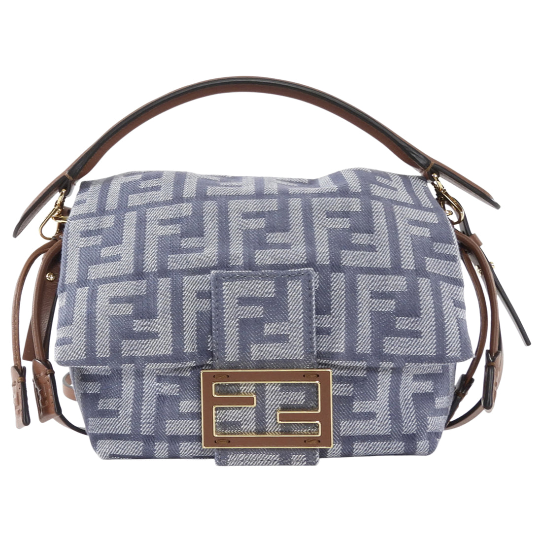 Fendi Blue Denim FF Jacquard Mamma Baguette Small Two Way Bag Small
