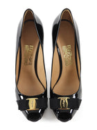Ferragamo Black Patent Platform Vara Peep Toe Pumps - 10