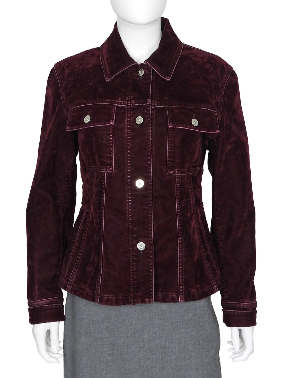 Ferragamo Plum Burgundy Velvet Distressed Jean Jacket - IT 42 / 6