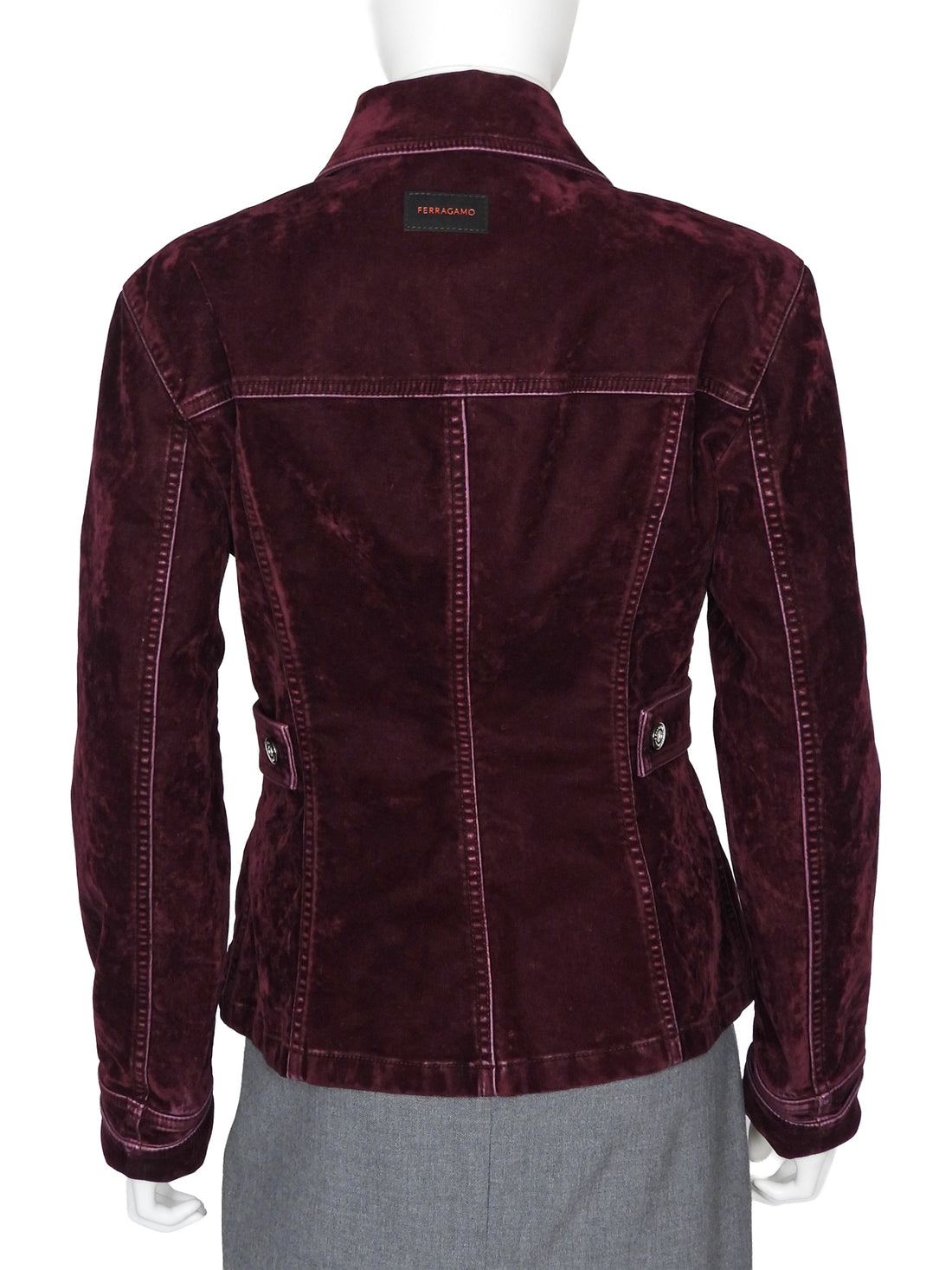 Ferragamo Plum Burgundy Velvet Distressed Jean Jacket - IT 42 / 6