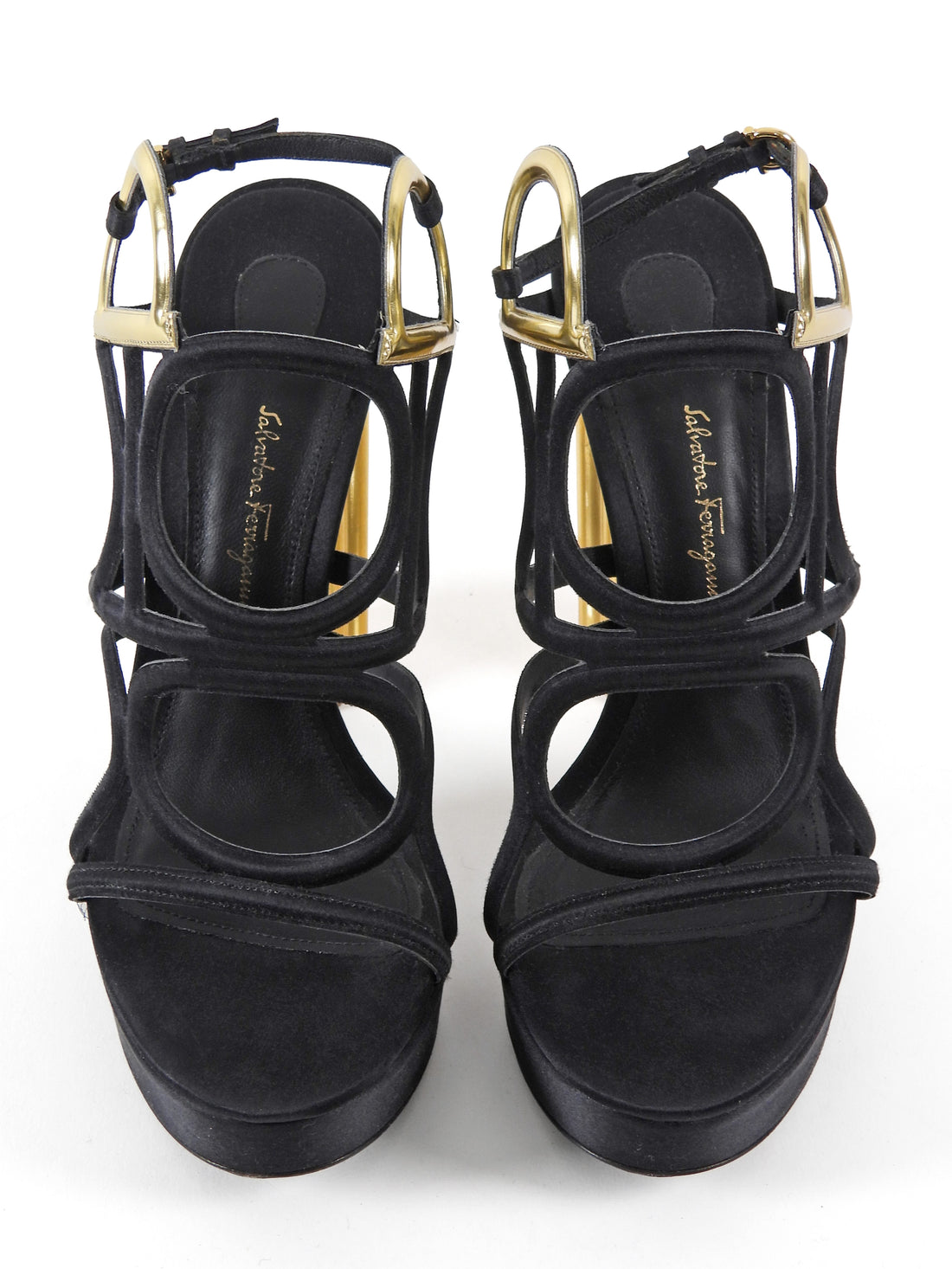 Ferragamo Black Gold Vinci Suede Metal Heel Gancini Platform Sandals - 37.5 C