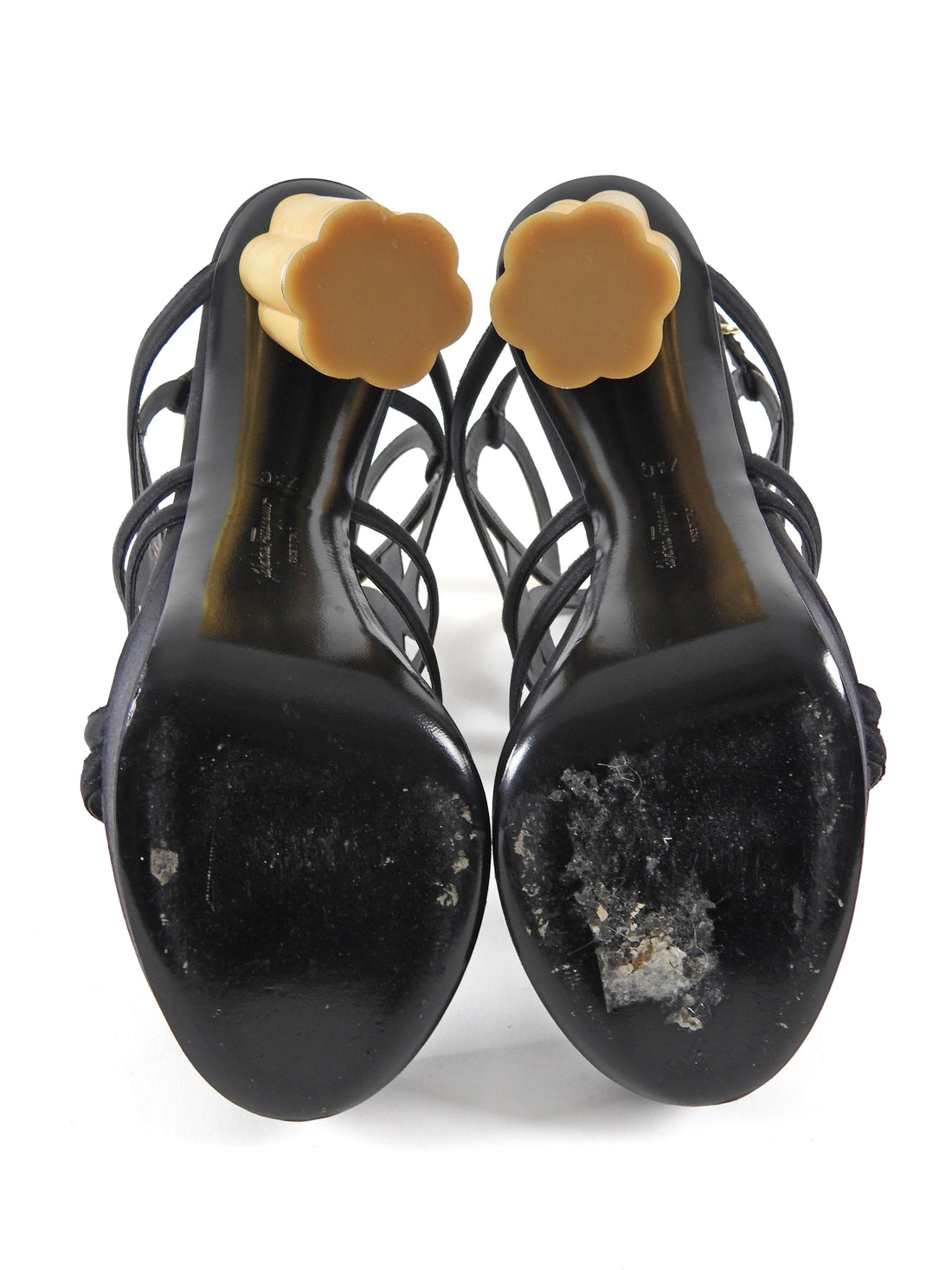 Ferragamo Black Gold Vinci Suede Metal Heel Gancini Platform Sandals - 37.5 C