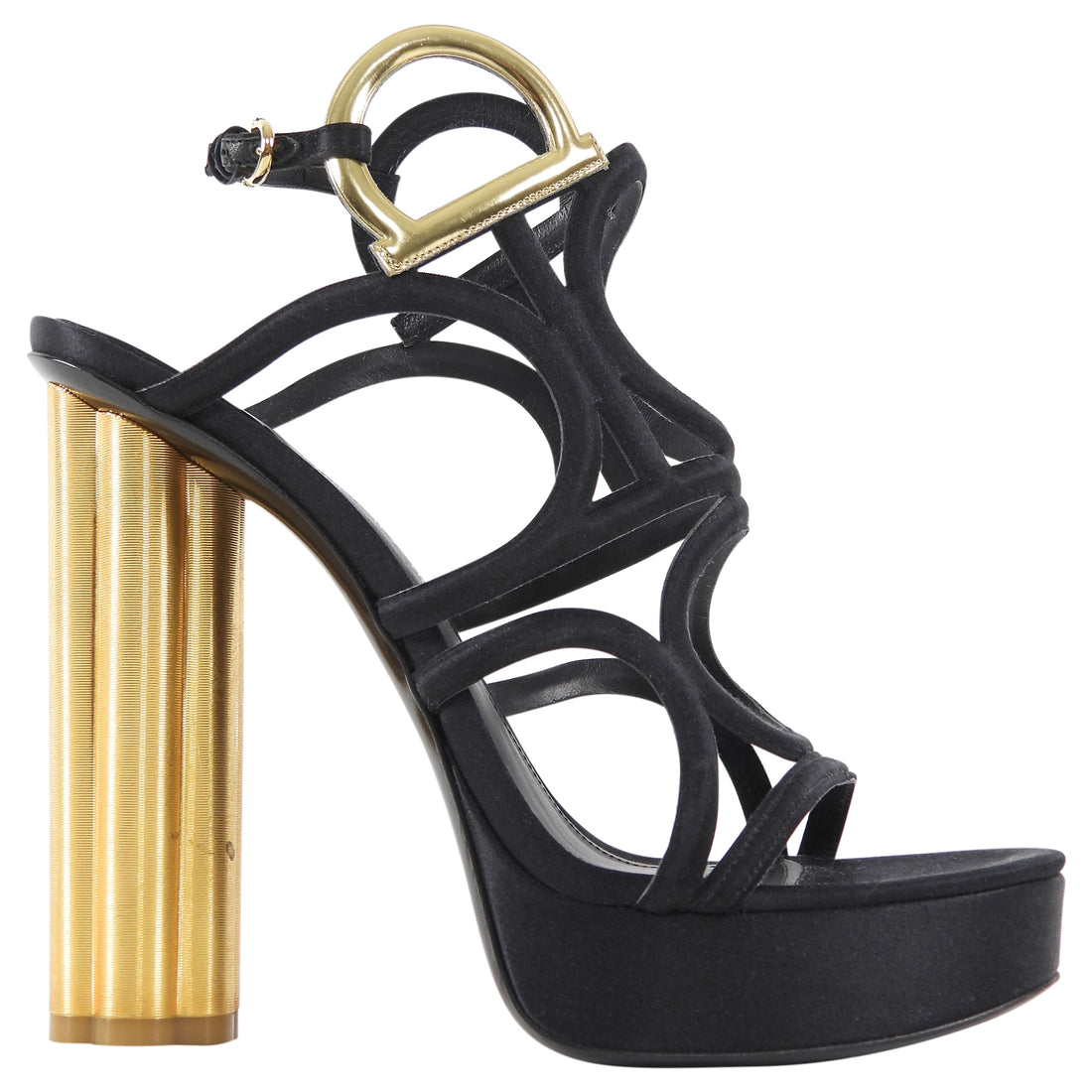 Ferragamo Black Gold Vinci Suede Metal Heel Gancini Platform Sandals - 37.5 C