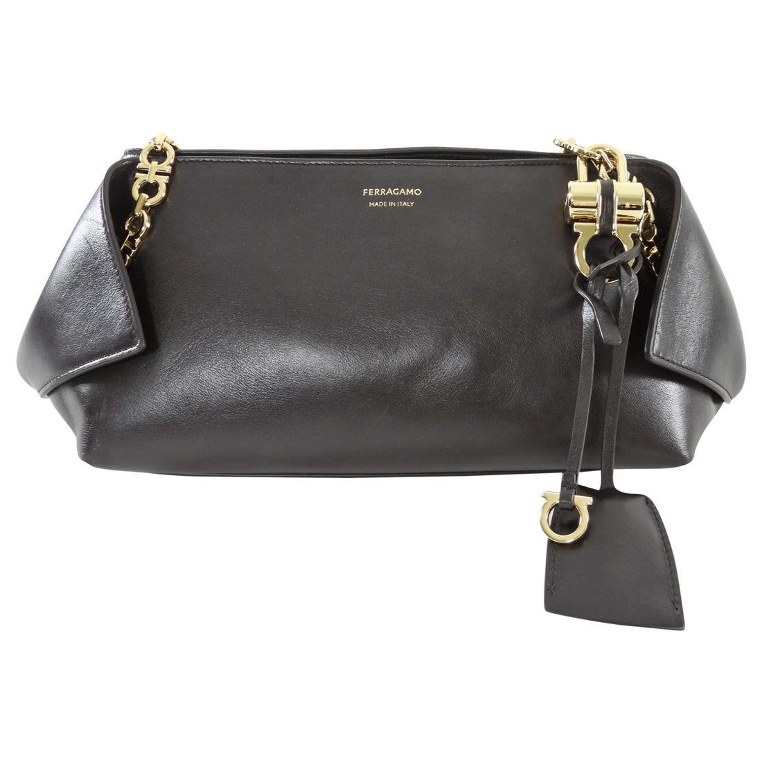 Ferragamo Brown Smooth Folded Leather Gancini Chain Small Shoulder Bag