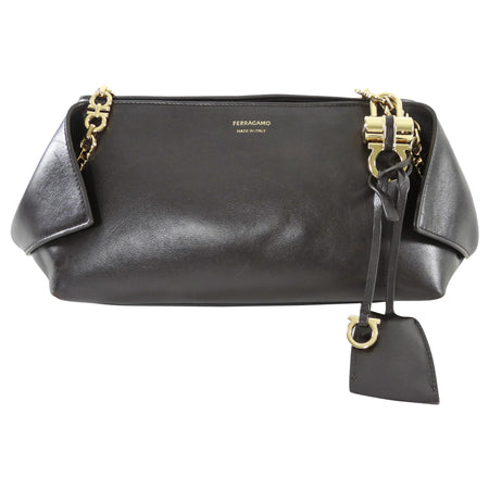Ferragamo Brown Smooth Folded Leather Gancini Chain Small Shoulder Bag