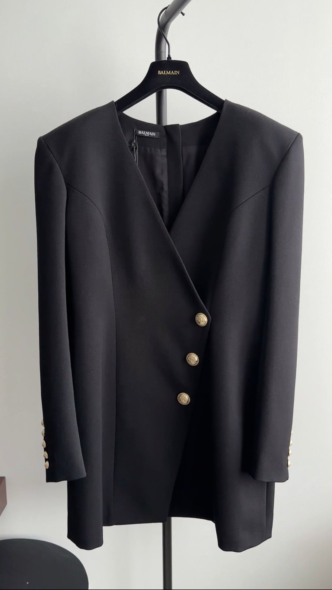 Balmain Black Wool Cache-Coeur Blazer Dress with Gold Buttons - USA 12 I MISS YOU VINTAGE Balmain Black Wool Cache-Coeur Blazer Dress with Gold Buttons - USA 12 I MISS YOU VINTAGE