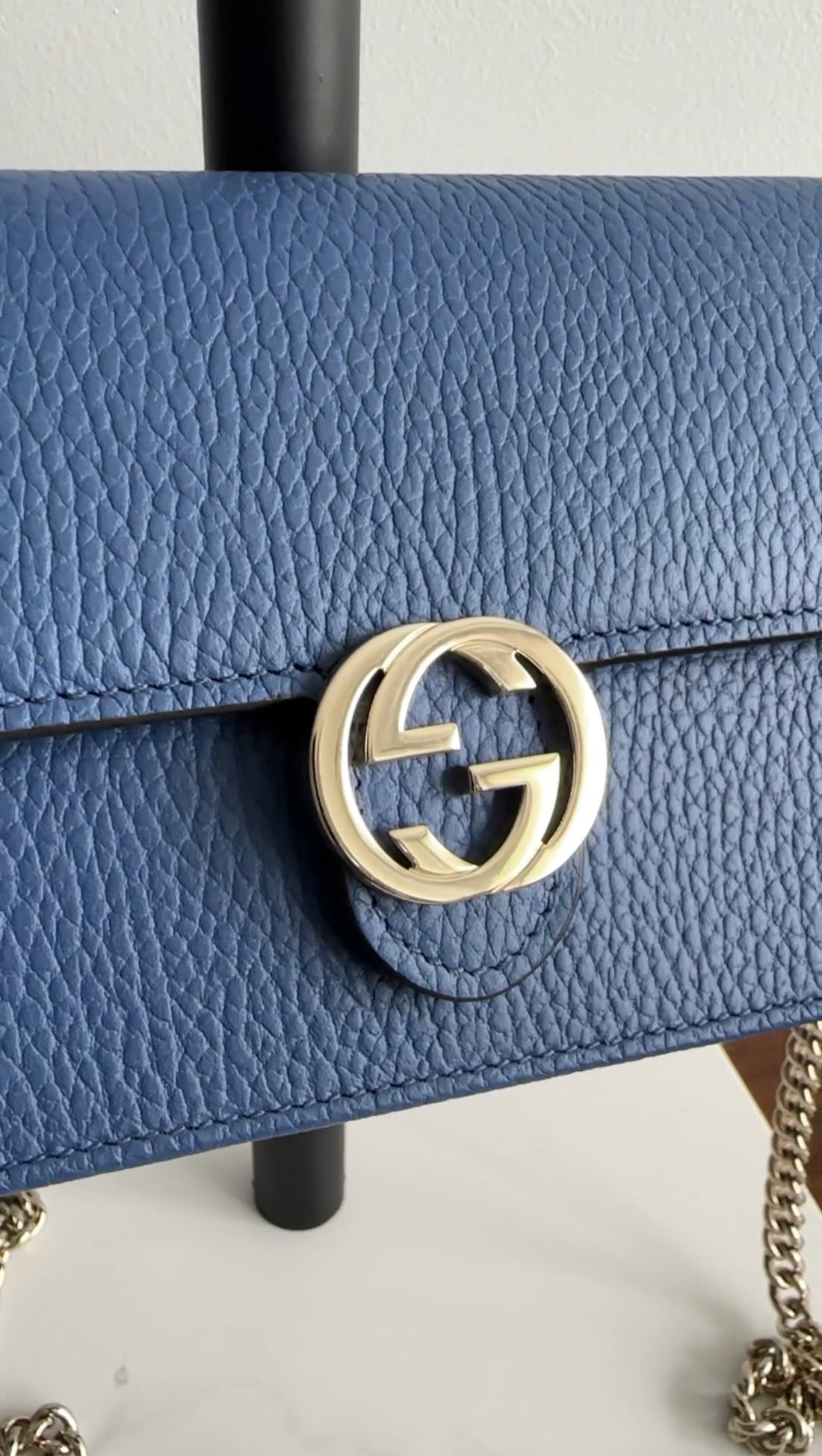 Gucci Interlocking GG Dark Blue Leather Wallet on Chain