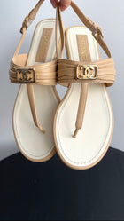 Chanel Beige Leather CC Logo Thong Sandals - 37.5 C