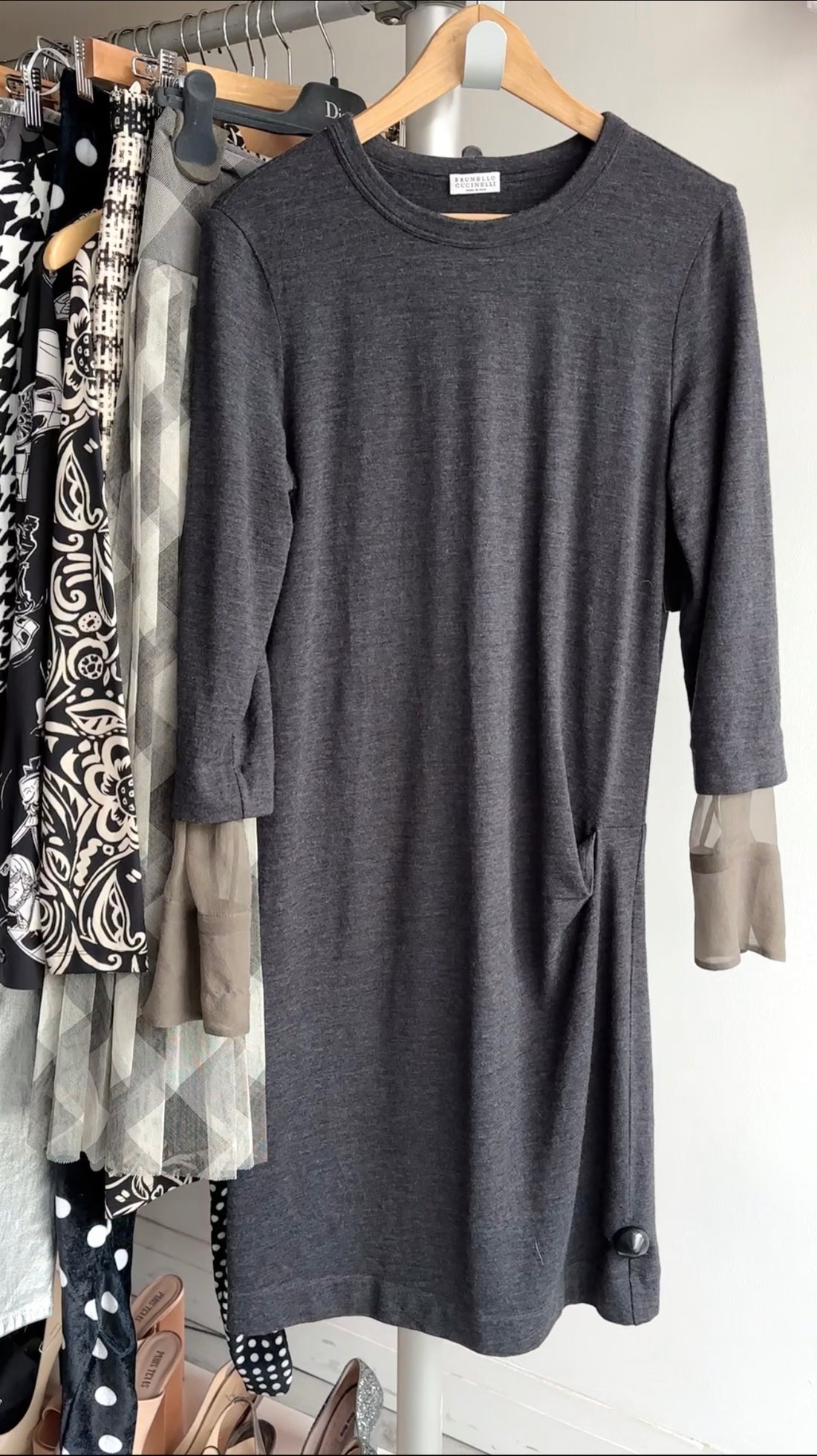 Brunello Cucinelli Charcoal Grey Wool Dress with Silk Inset - L (8/10)