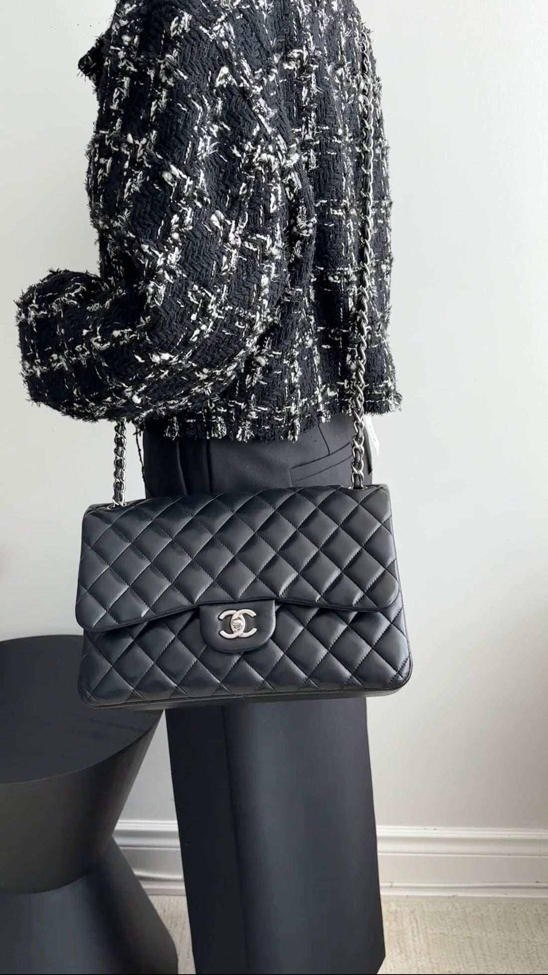 Chanel Black Lambskin Leather Jumbo Double Classic Flap Bag SHW