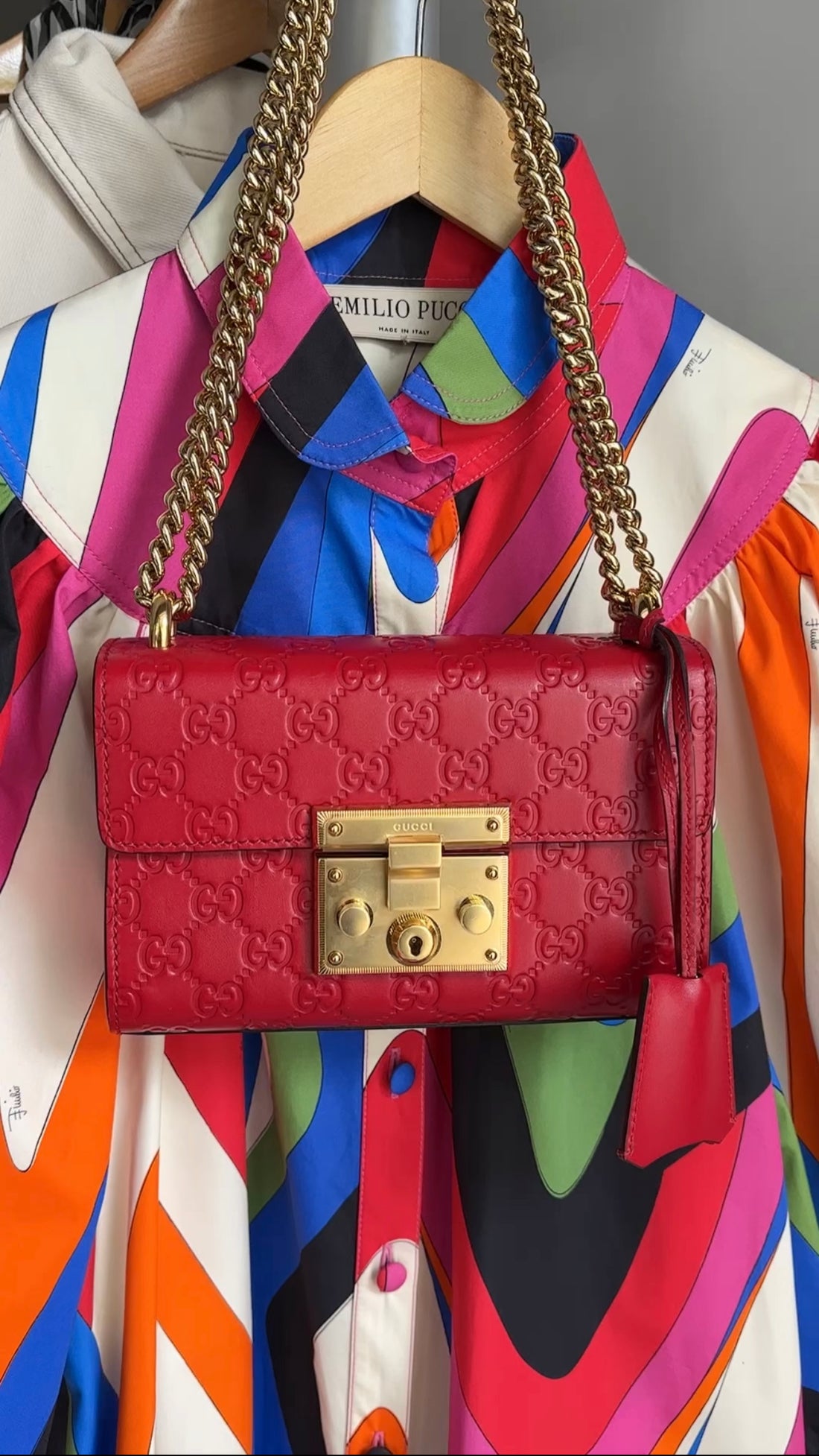 Gucci Small Red Leather Guccissima Padlock Chain Bag