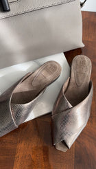 Brunello Cucinelli Pewter Metallic Leather Flat Slides - 38.5 / 8