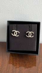 Chanel 14P Light Gold Pearl Small CC Stud Earrings