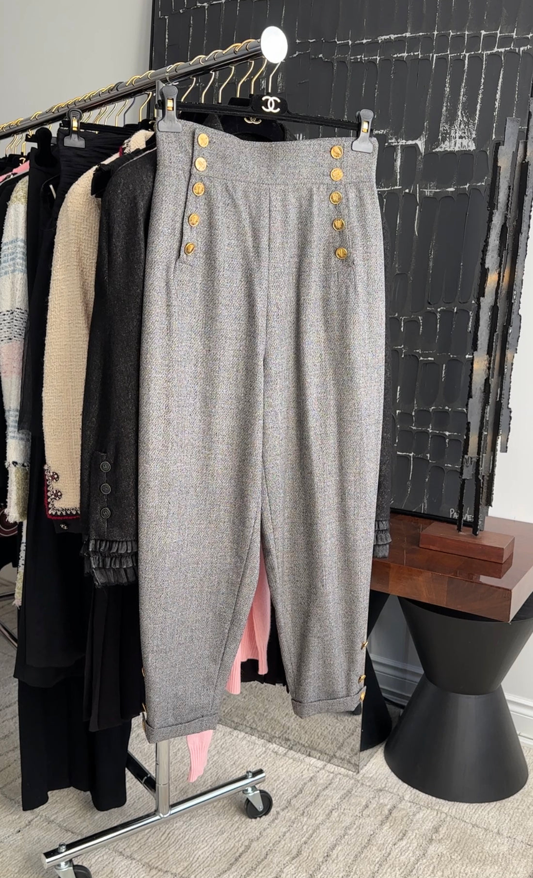 Chanel Vintage 1987 Grey high Waist Pants with Gold Wheat CC Buttons - FR42 / M
