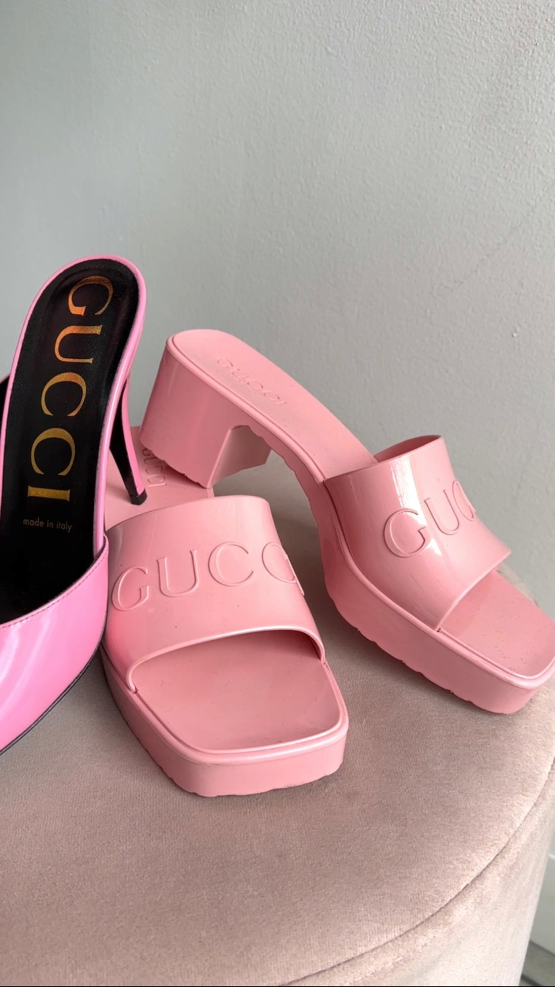 Pink Gucci Jelly Heel Gucci Light Pink Rubber Block Heel Sandals 36