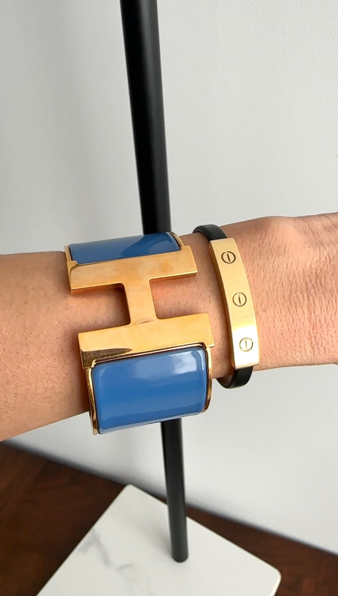 Hermes Blue Enamel and Goldtone XL H Cuff Bracelet