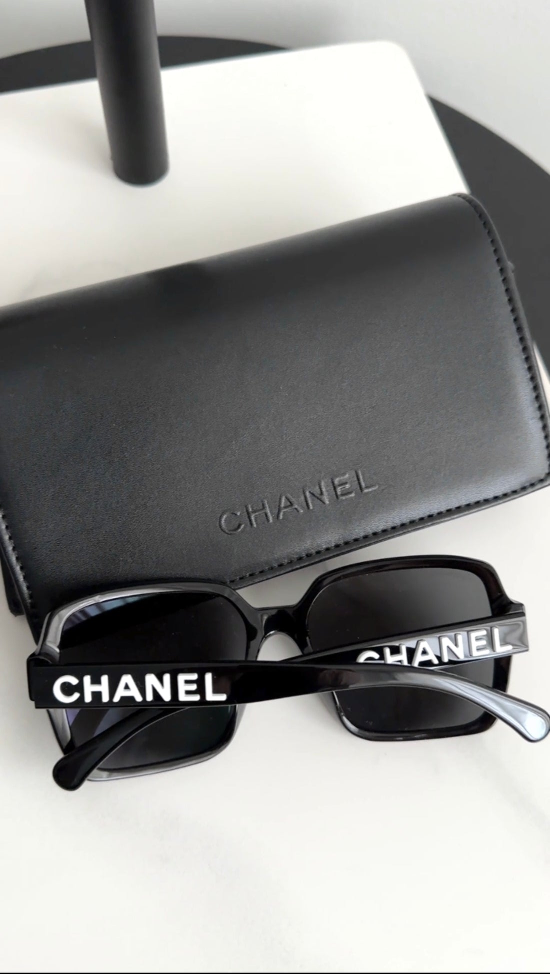 Chanel 5408 Black Square Sunglasses with White Logo at Temple