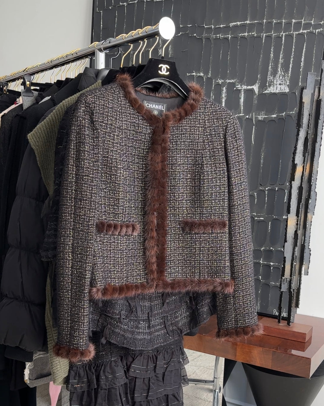 Chanel 03A Brown Mink Trim Tweed Jacket - FR42 / 10