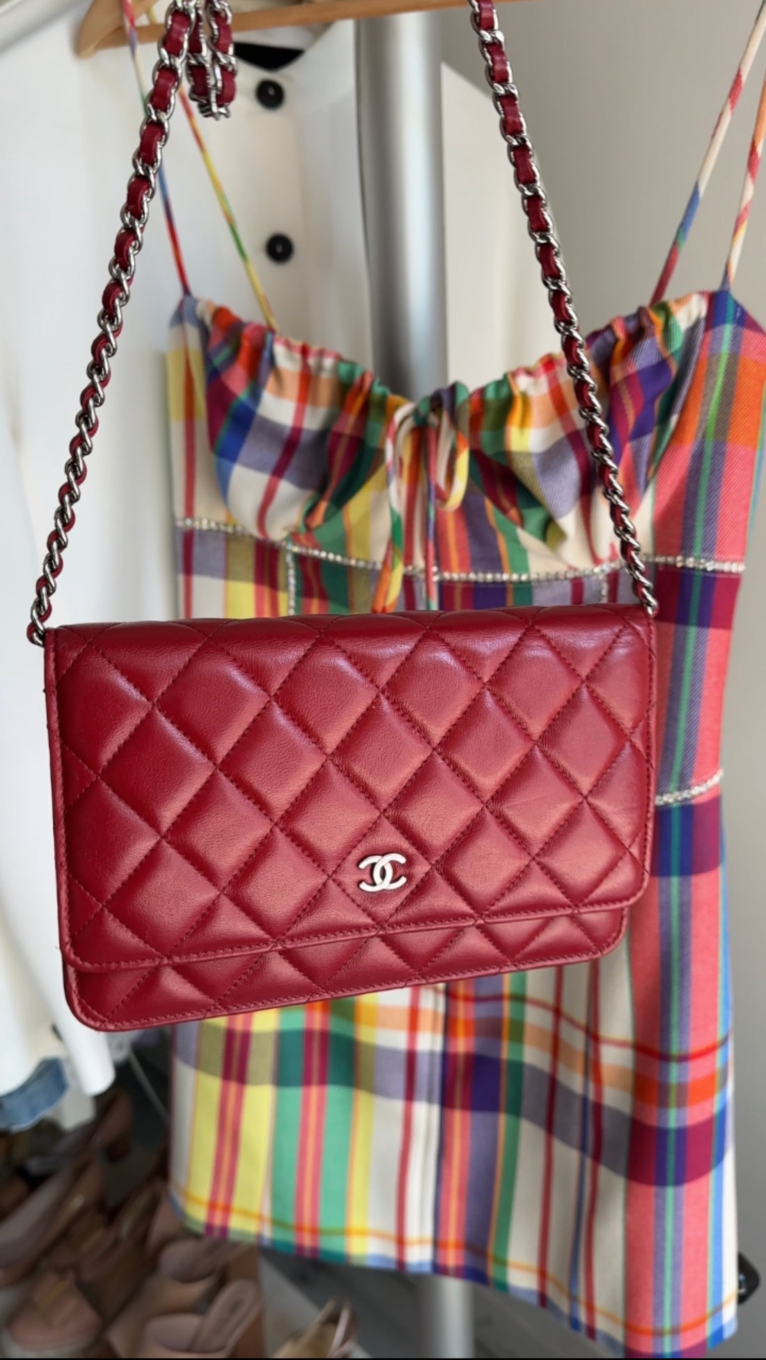 Chanel Red Leather Quilted Timeless Classic Wallet on Chain