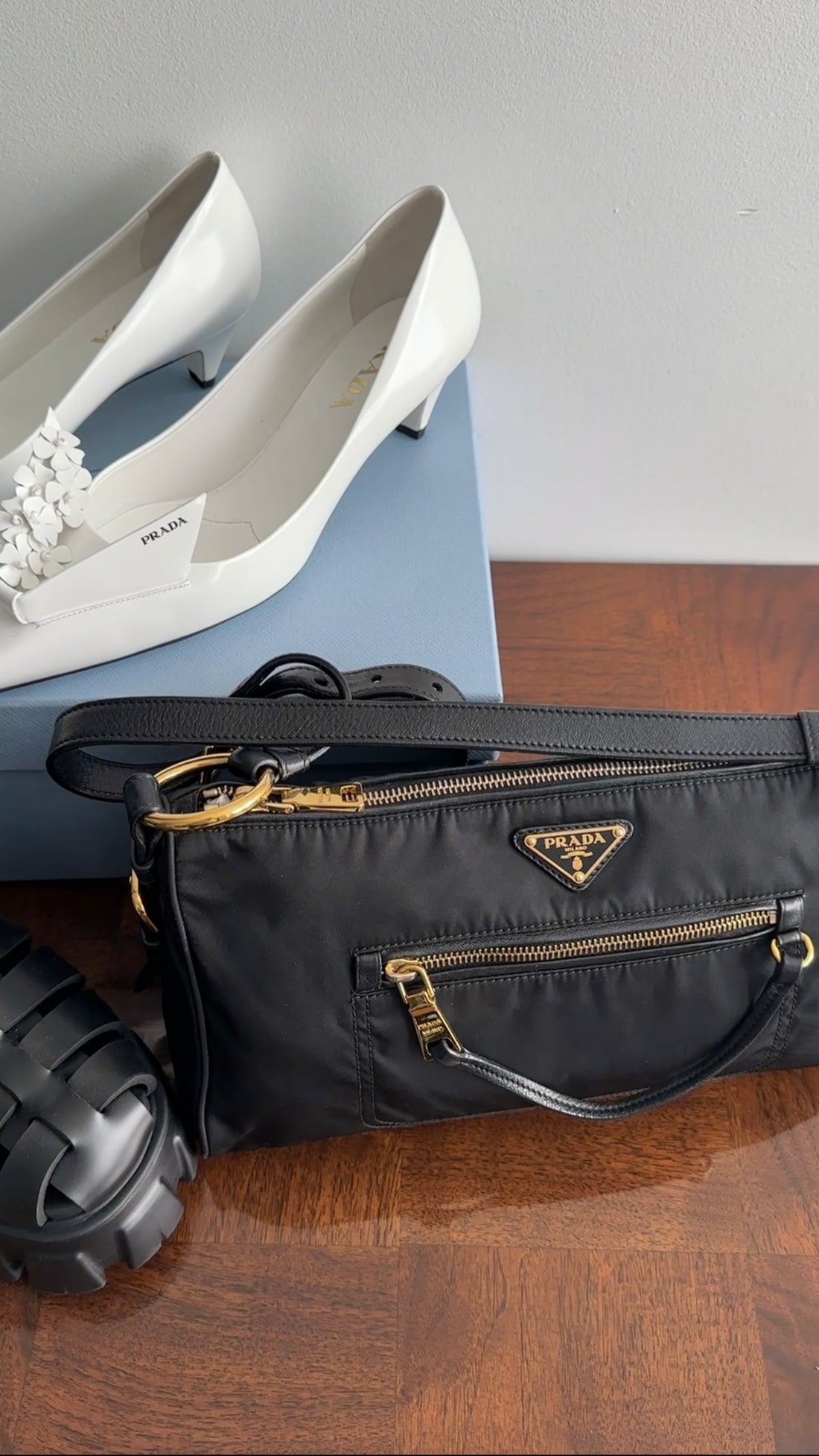 Prada Vintage Black Nylon and Goldtone Shoulder Bag