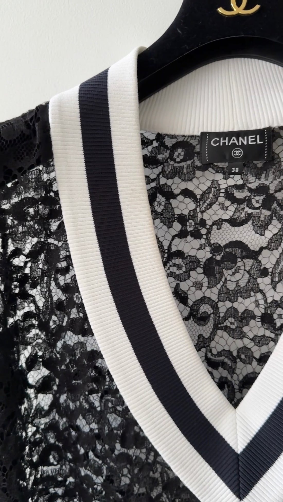 Chanel 17P Black Lace Sheer Top with Black White Trim - FR38 / 6