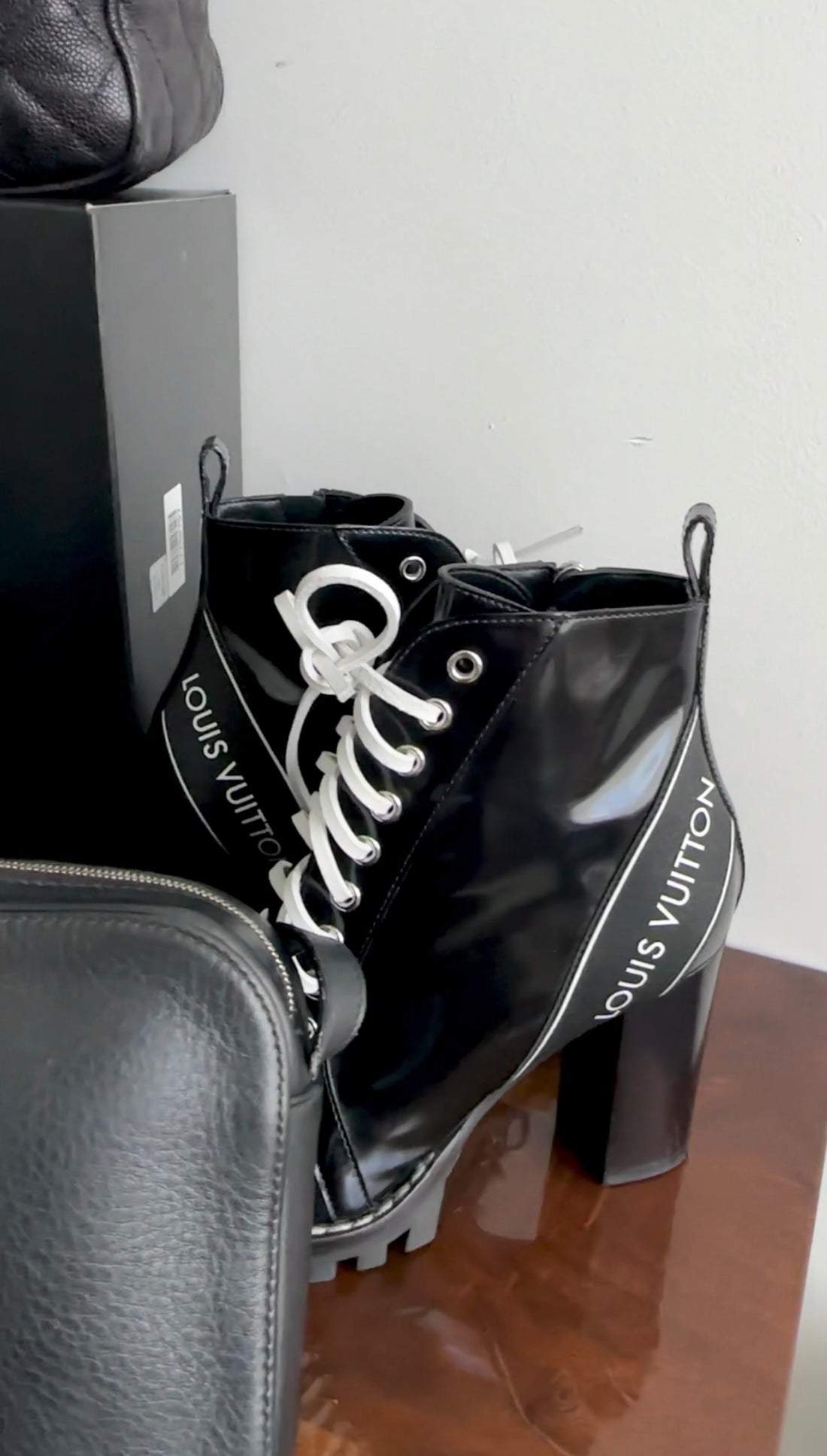 Louis Vuitton Black and White Leather Lace Up Logo boot - 37