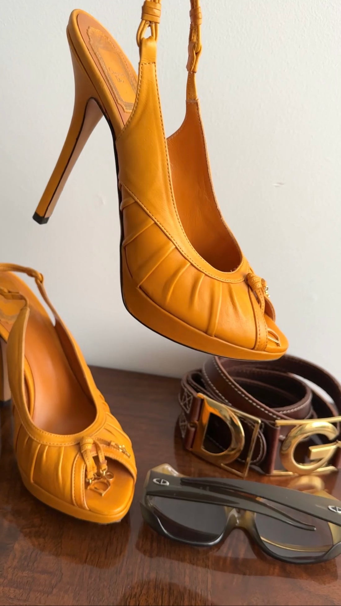 Christian Dior Mustard Yellow Leather Peep Toe Slingback Heels - 8.5