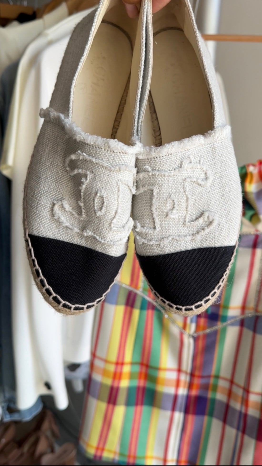 Chanel Black and Natural Canvas Cap Toe CC Espadrille Flats - 37 (36.5)