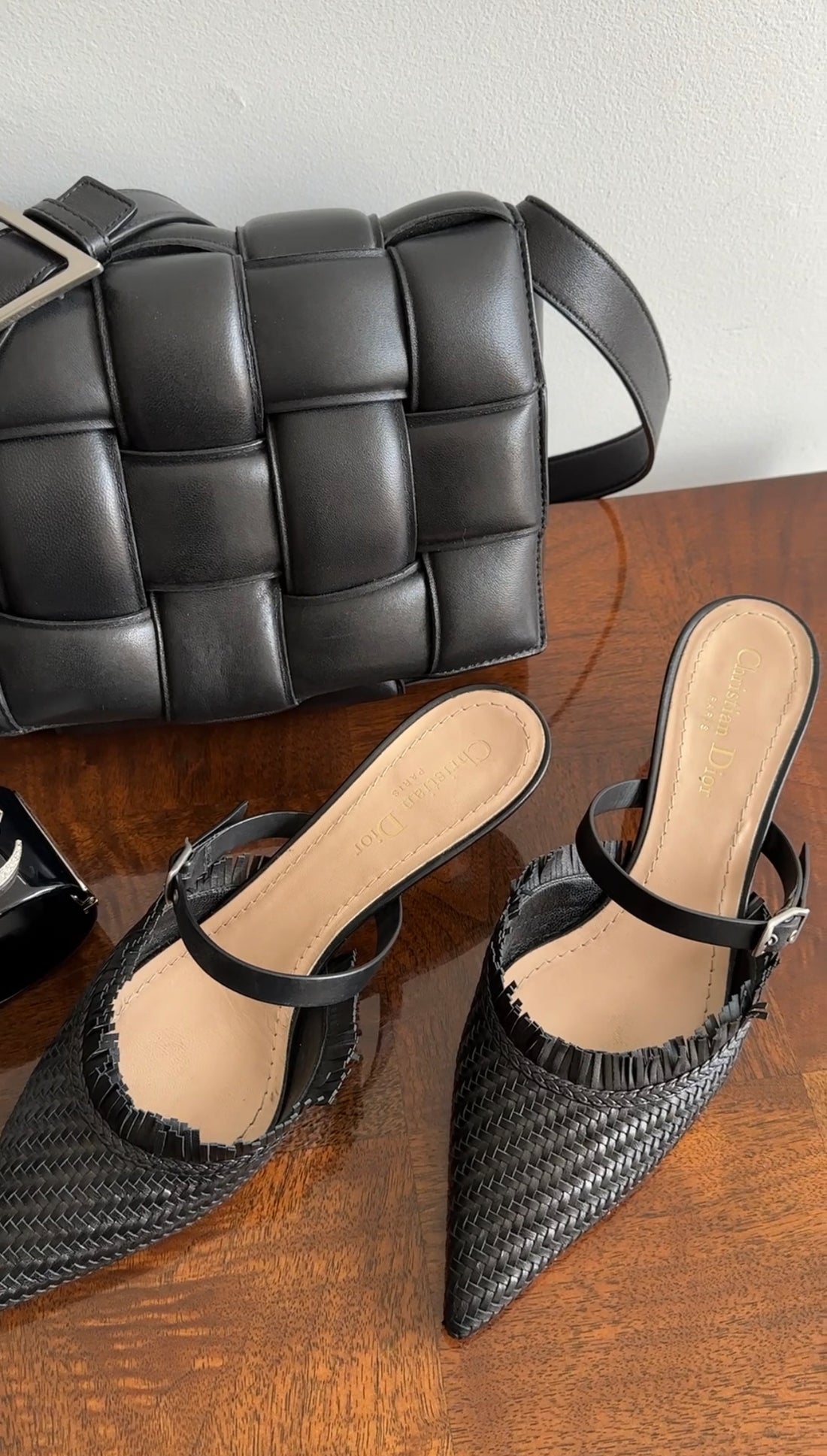 Christian Dior Black Leather Pointed Woven Mules - 8.5