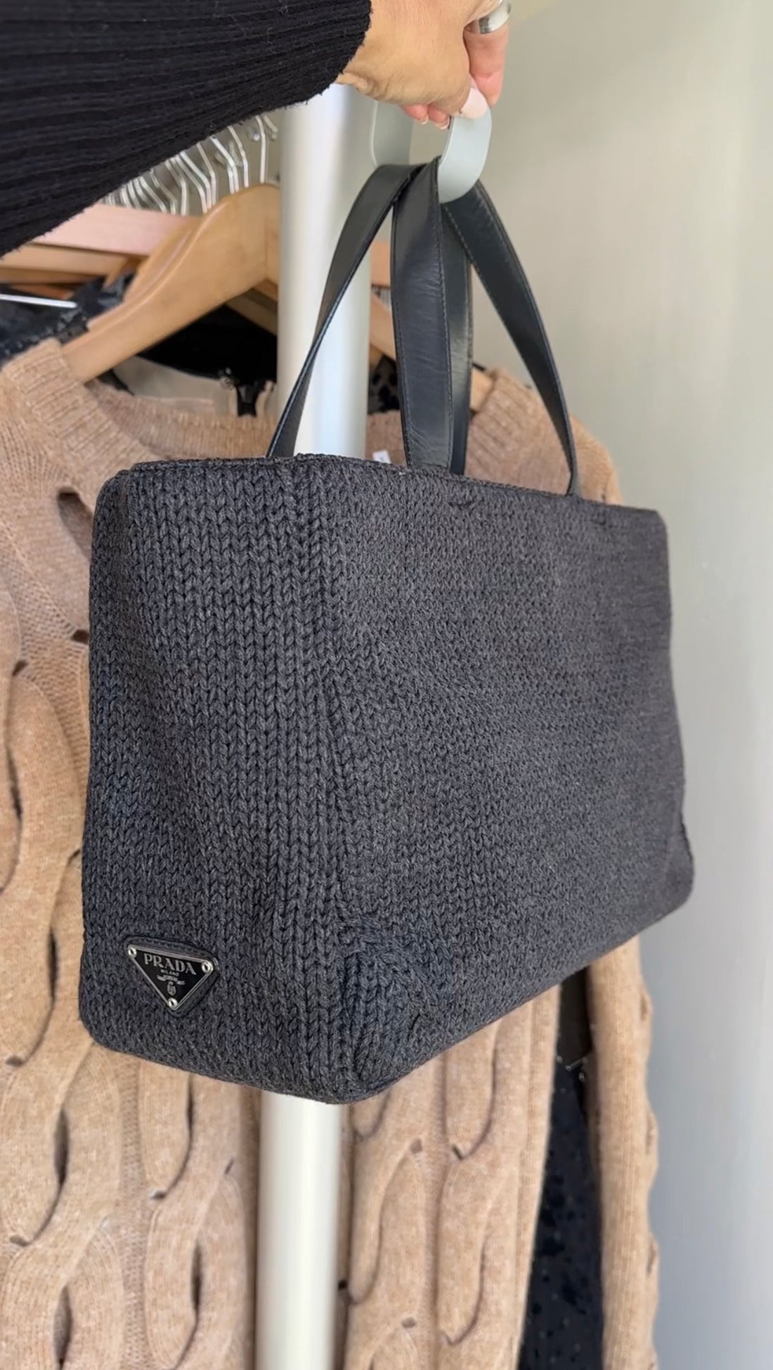 Prada Vintage Grey Knit East West Tote Bag
