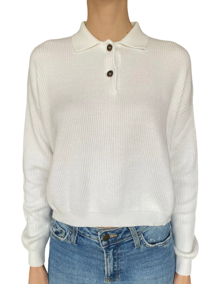 Brunello Cucinelli White Knit Ribbed Polo Sweater - S