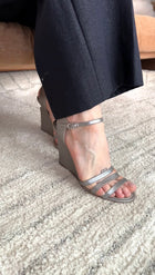 Chanel 2015 Silver Metallic Wedge Pearl Sandals - 40 / 39
