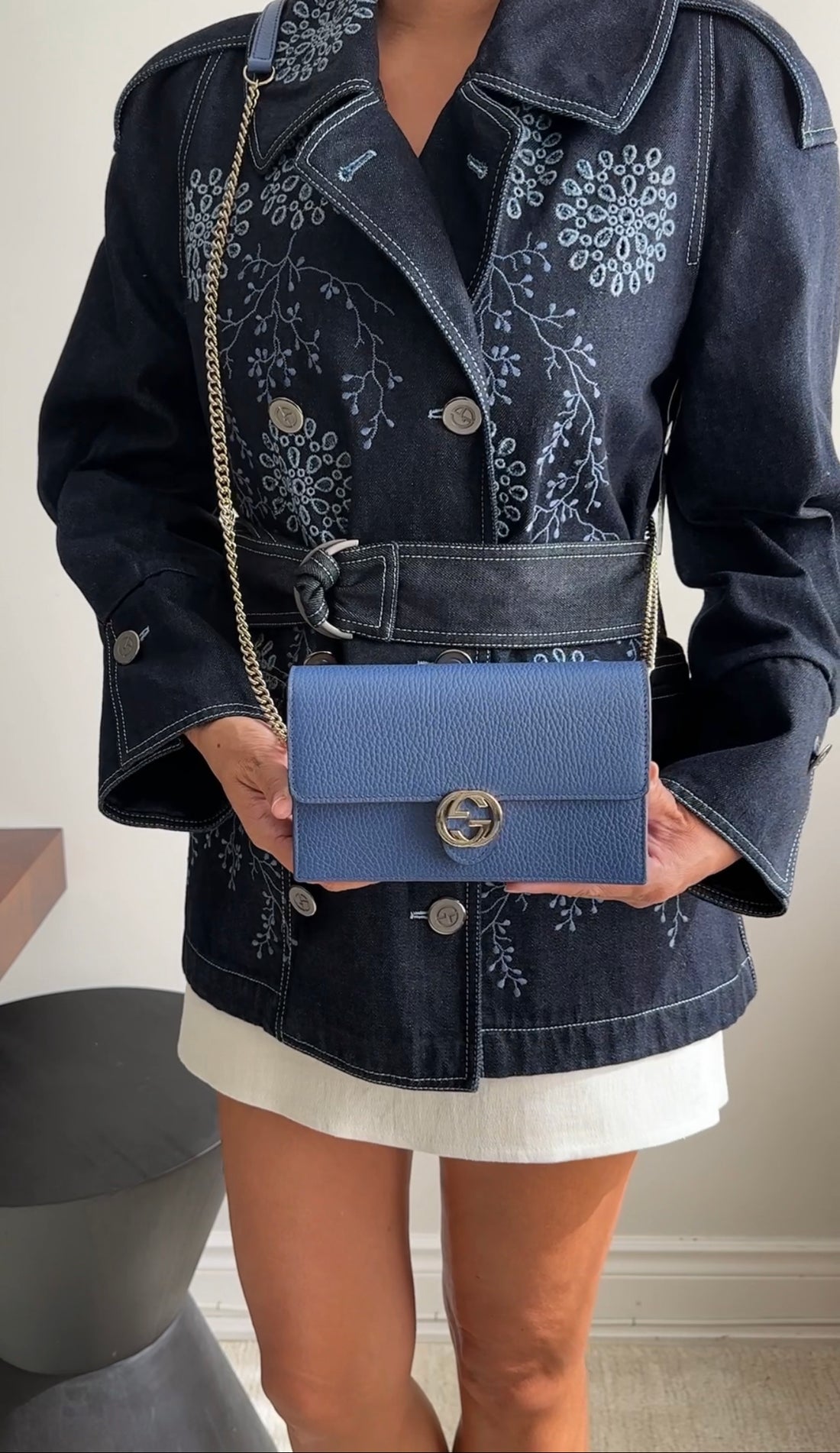 Gucci Interlocking GG Dark Blue Leather Wallet on Chain