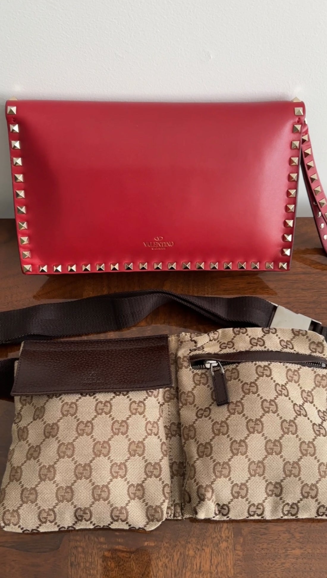 Valentino Red Leather Rock Stud Wristlet Clutch Bag