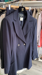 Chanel 98P Navy Wool Fitted Long Skirt Suit with Silver CC Buttons - 6