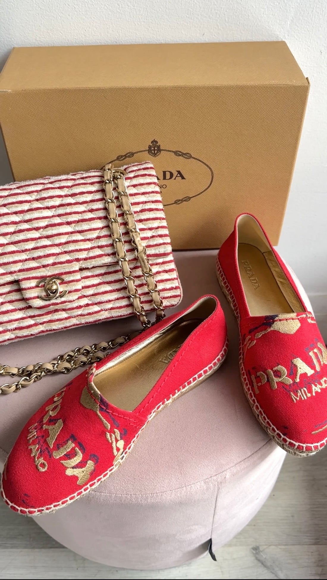 Prada Red Canvas and Gold Embroidered Logo Espadrille Flats - 37.5 / 7.5