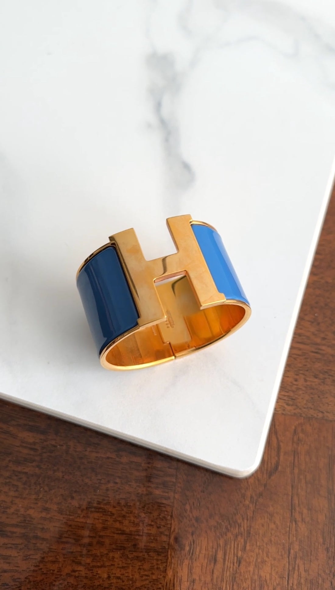 Hermes Blue Enamel and Goldtone XL H Cuff Bracelet